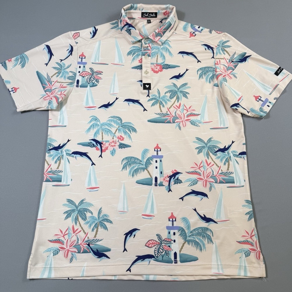 Bad Birdie Shirt Mens Large Performance Golf Polo The Marino‎ Pink Blue Dolphins
